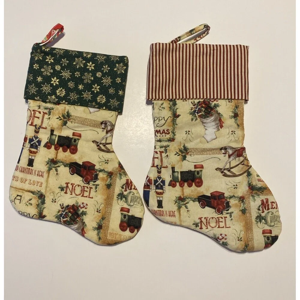 Handmade Christmas Stockings 12” Lot Of 2 Train Soldier Rocking Horse Holly